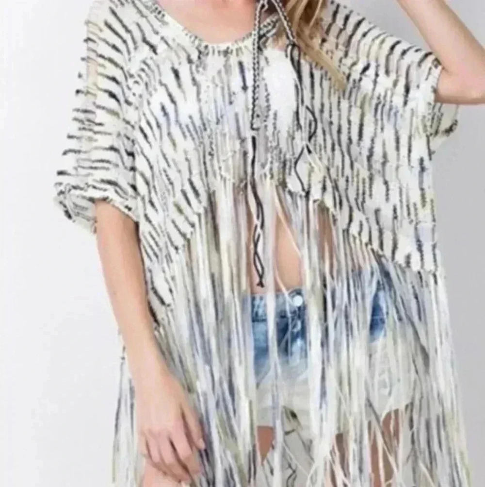 Easel Ultra Lite Cropped Off Shoulder Sweater/ Ribbon Fringe Boho Hippie